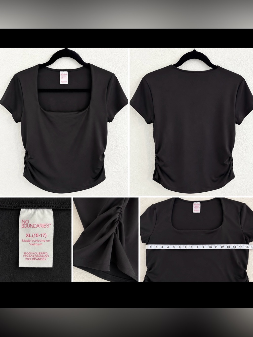 No Boundaries Black Short Sleeve square Neck Top with Side Gather, Juniors XL